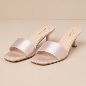 Lulus Rosmarine Champagne Satin Square-toe High Heel Slide Sandals